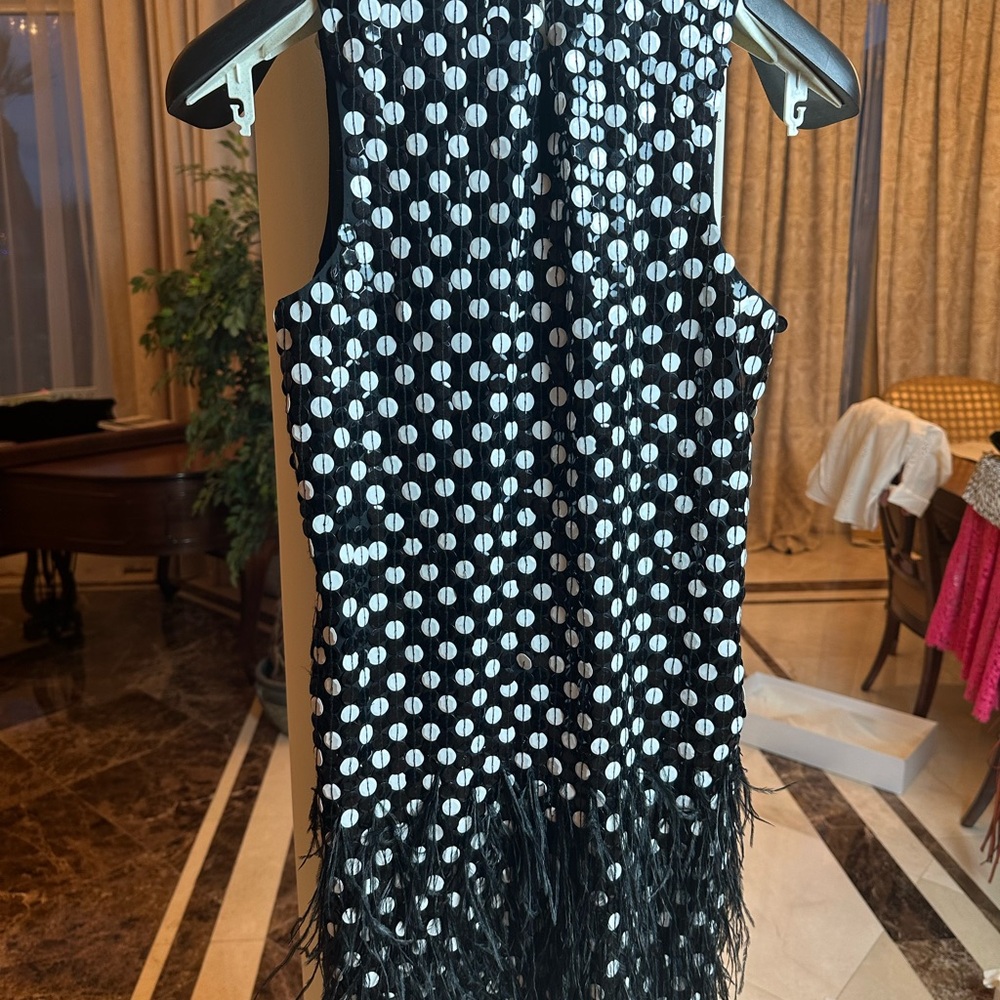 ElegantPolka Dot Sequin Mini Dress with Feather Hem – Party Cocktail - Picture 2 of 12